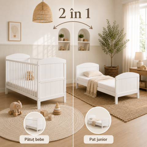 Patuturi transformabile - Pătuț Woodies Safe Dreams Hampton 140x70 cm, Alb, 2în1 Bebe-Junior