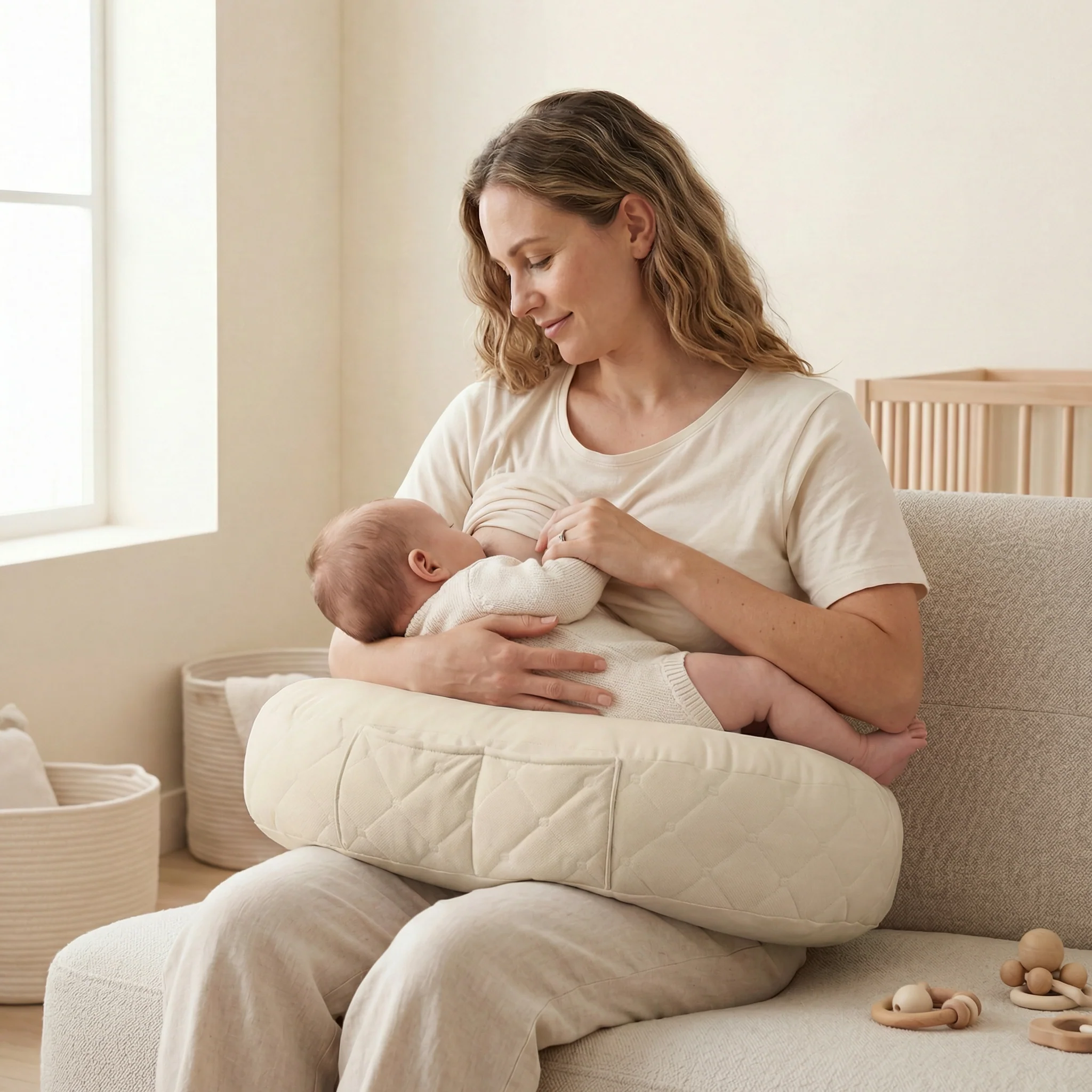 Articole pentru mamici - Pernă alăptare BabySteps®, tip rogal, suport ergonomic mamă & bebeluș, velvet premium, Bej