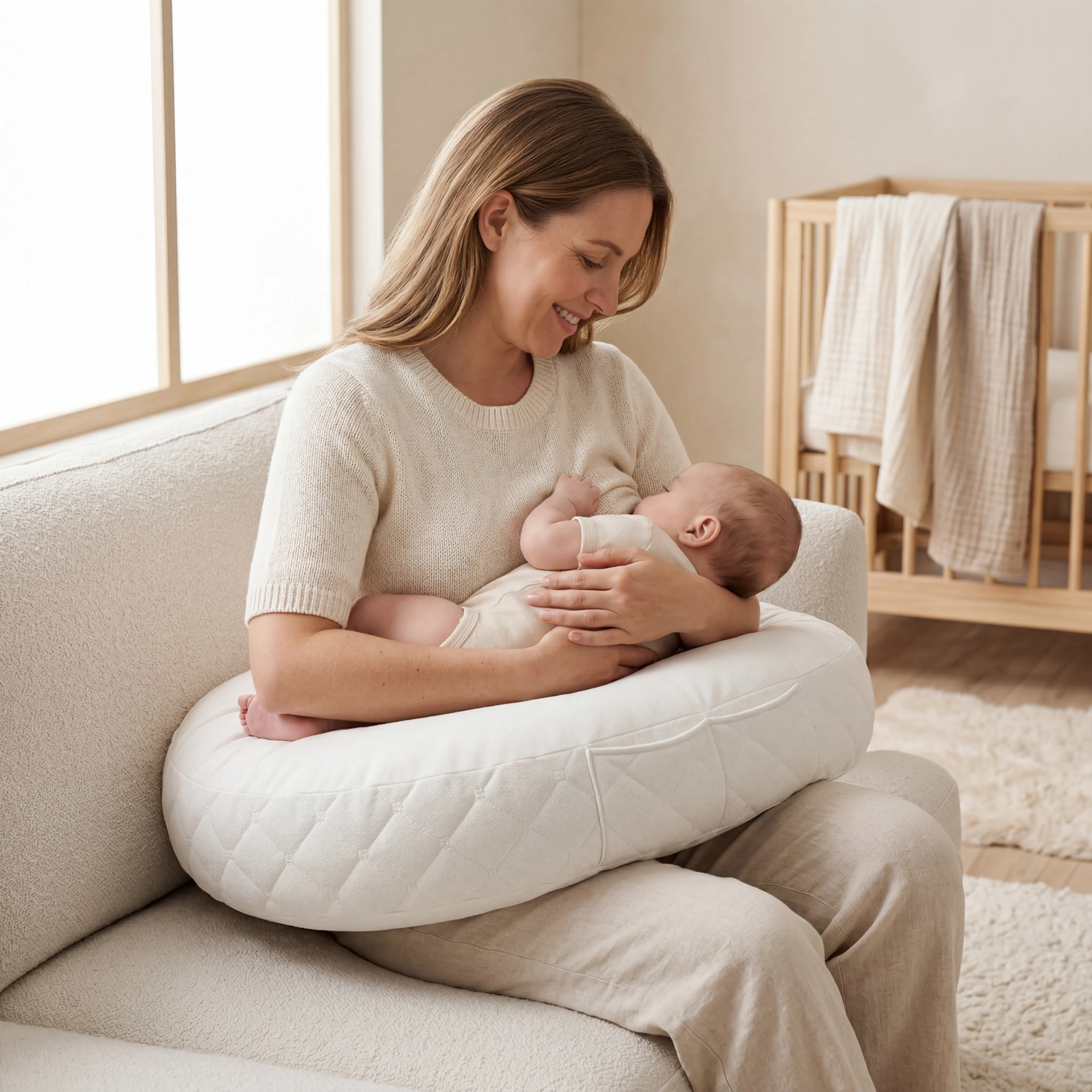Camera copilului - Pernă alăptare BabySteps®, tip rogal, suport ergonomic mamă & bebeluș, velvet premium, Crem