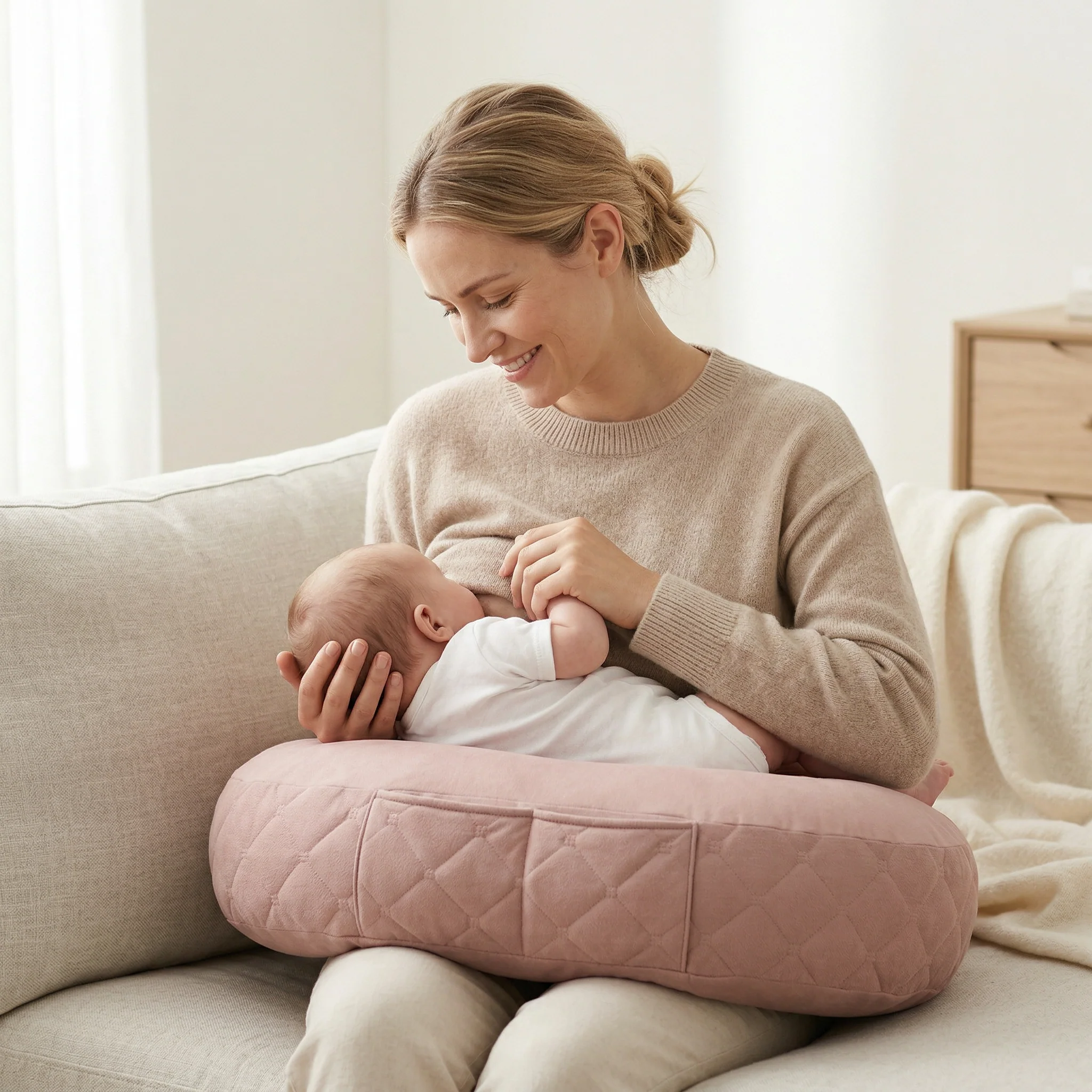 Articole pentru mamici - Pernă alăptare BabySteps®, tip rogal, suport ergonomic mamă & bebeluș, velvet premium, Sepia Rose