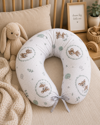 Perne pentru alaptare - Pernă pentru gravide și alăptare, husă detașabilă din bumbac 100% și umplutură antialergică BabySoft®, Căprioara Mică – Amy