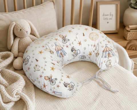Perne pentru alaptare - Pernă pentru gravide și alăptare, husă detașabilă din bumbac 100% și umplutură antialergică BabySoft®, Circ Blue – Amy