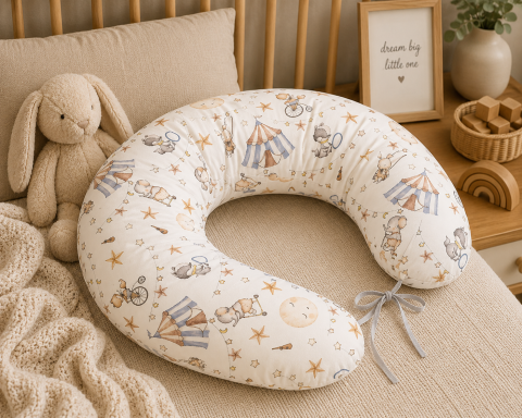 Pernă pentru gravide și alăptare, husă detașabilă din bumbac 100% și umplutură antialergică BabySoft®, Circ Blue – Amy [1]