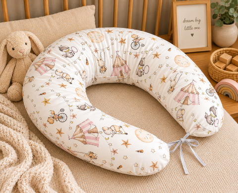 Perne pentru alaptare - Pernă pentru gravide și alăptare, husă detașabilă din bumbac 100% și umplutură antialergică BabySoft®, Circ Roz – Amy