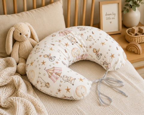 Perne, pilote si babynest - Pernă pentru gravide și alăptare, husă detașabilă din bumbac 100% și umplutură antialergică BabySoft®, Circ Roz – Amy