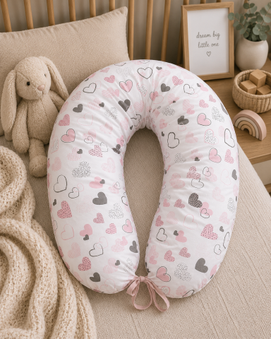 Perne pentru alaptare - Pernă pentru gravide și alăptare, husă detașabilă din bumbac 100% și umplutură antialergică BabySoft®, Inimioare – Amy