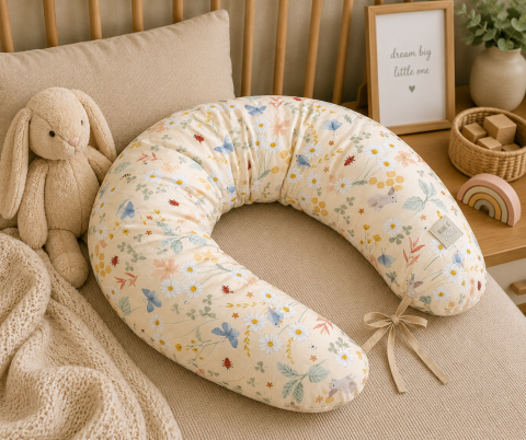 Perne pentru alaptare - Pernă pentru gravide și alăptare, husă detașabilă din bumbac 100% și umplutură antialergică BabySoft®, Lunca Bej – Amy