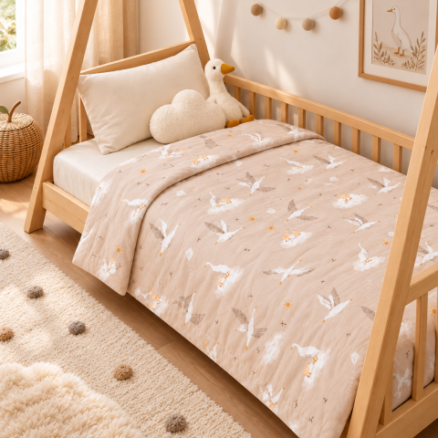 Pilote - Pilotă pentru copii din bumbac, față dublă, umplutură hipoalergenică BabySoft, Gâște Bej, 140x100 cm – Amy