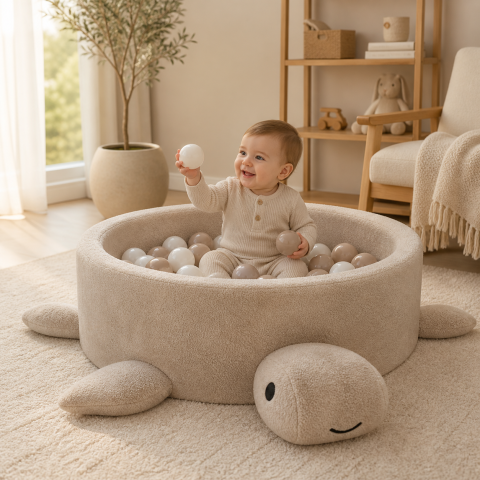 Piscine uscate cu bile colorate - Piscină cu bile Bouclé pentru copii MeowBaby® Turtle – Cheesecake Cream Beige, fără bile, material certificat OEKO-TEX®