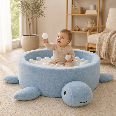 Piscine uscate cu bile colorate - Piscină cu bile Bouclé pentru copii MeowBaby® Turtle – Dusty Ice Blue, fără bile, material reciclat certificat OEKO-TEX®