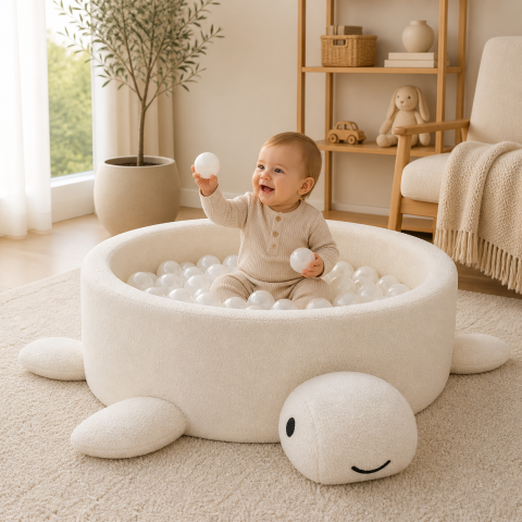 Piscine uscate cu bile colorate - Piscină cu bile Bouclé pentru copii MeowBaby® Turtle – Piscină cu bile Bouclé pentru copii MeowBaby® Turtle – Oat Biscuit Beige, fără bile, material reciclat certificat OEKO-TEX®, fără bile, material