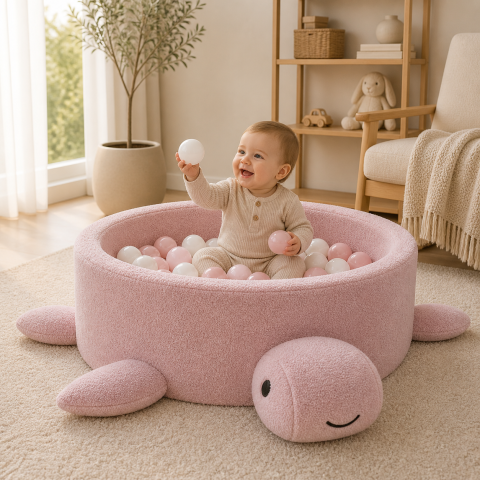 Piscine uscate cu bile colorate - Piscină cu bile Bouclé pentru copii MeowBaby® Turtle – Raspberry Glaze Pink, fără bile, material reciclat certificat OEKO-TEX®