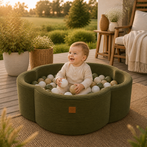 Piscine uscate cu bile colorate - Piscină cu bile MeowBaby® – Aesthetic Khaki Flower, spumă moale, personalizabilă cu bile la alegere