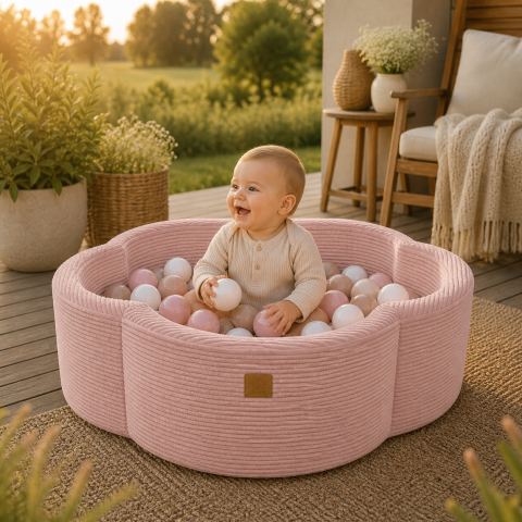 Piscine uscate cu bile colorate - Piscină cu bile MeowBaby® – Aesthetic Pink Flower, spumă moale, roz pudrat, personalizabilă cu bile la alegere