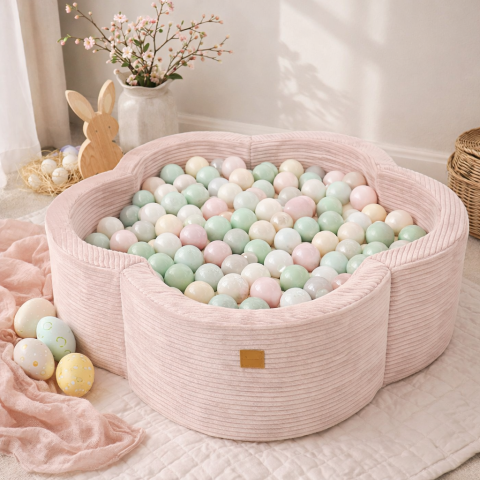 Piscine uscate cu bile colorate - Piscină cu bile MeowBaby®  Blush Garden – Aesthetic Pink Flower, spumă moale, roz pudrat, 200 bile incluse