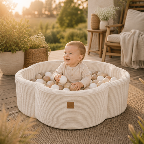 Piscine uscate cu bile colorate - Piscină cu bile MeowBaby® – Aesthetic Vanilla Flower, spumă moale, ecru, personalizabilă cu bile la alegere