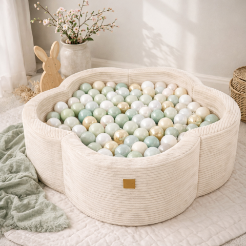 Piscine uscate cu bile colorate - Piscină cu bile MeowBaby® Vanilla Sage – Aesthetic Vanilla Flower, spumă moale, ecru, 200 bile incluse