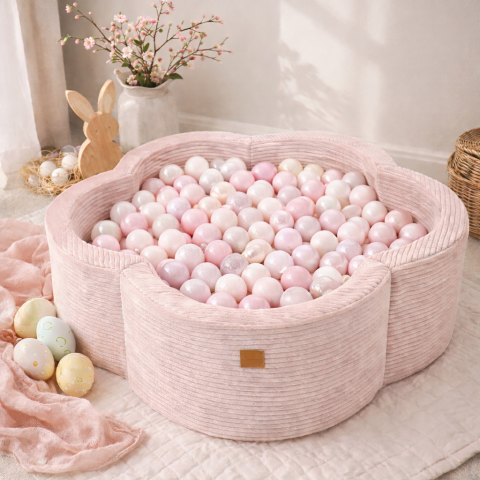 Piscine uscate cu bile colorate - Piscină cu bile MeowBaby® Sweet Blush – Aesthetic Pink Flower, spumă moale, roz pudrat, 200 bile incluse