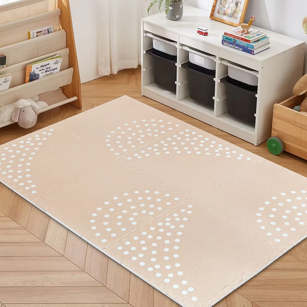Covor Puzzle din Spumă MeowBaby 180x60cm – Bej cu Buline Albe, 6 Piese, Impermeabil, Termoizolant | CE, EN71 [1]