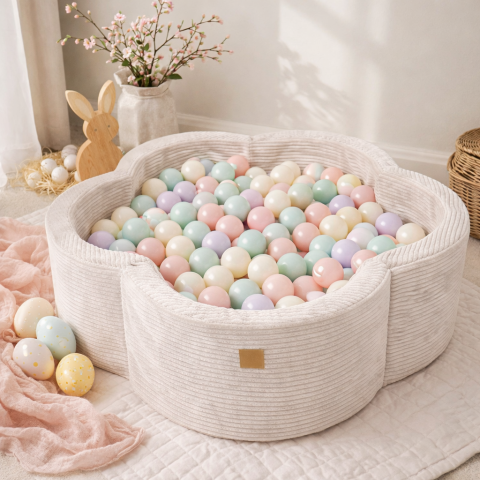 Piscine uscate cu bile colorate - Piscină cu bile MeowBaby® Easter Garden – Aesthetic Ecru Flower, spumă moale, ecru, personalizabilă cu 200 bile incluse