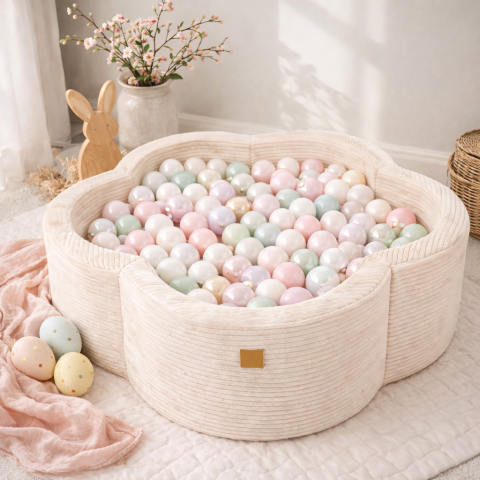 Piscine uscate cu bile colorate - Piscină cu bile MeowBaby® Vanilla Blush – Aesthetic Vanilla Flower, spumă moale, ecru, 200 bile incluse