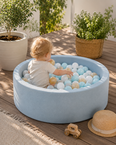 Joaca & Dezvoltare - Piscină cu Bile Outzy MeowBaby 90x30cm Albastru (Cloudberry Sky Blue) – 200 Bile Incluse (Culoare la Alegere), Husă Detașabilă Lavabilă, Interior/Exterior
