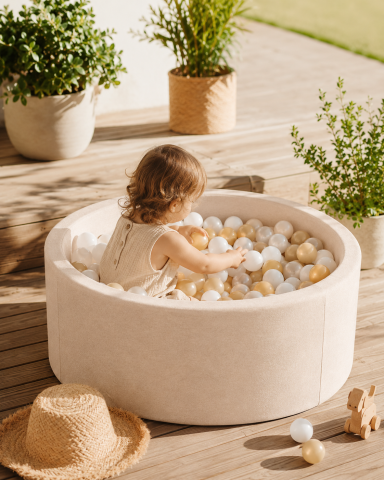 Joaca & Dezvoltare - Piscină cu Bile Outzy MeowBaby 90x30cm Bej (Oat Blush Beige) – 200 Bile Incluse (Culoare la Alegere), Husă Detașabilă Lavabilă, Interior/Exterior
