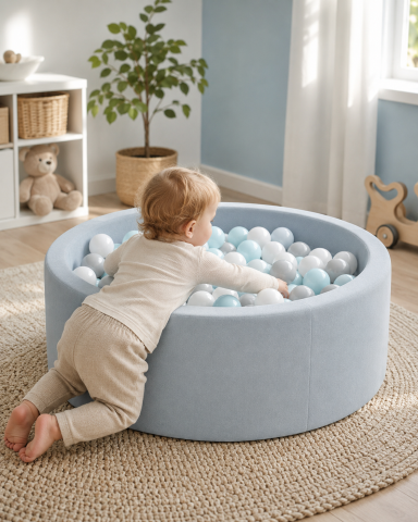 Piscină cu Bile Outzy MeowBaby 90x30cm Albastru (Cloudberry Sky Blue) – 200 Bile Incluse (Culoare la Alegere), Husă Detașabilă Lavabilă, Interior/Exterior [1]