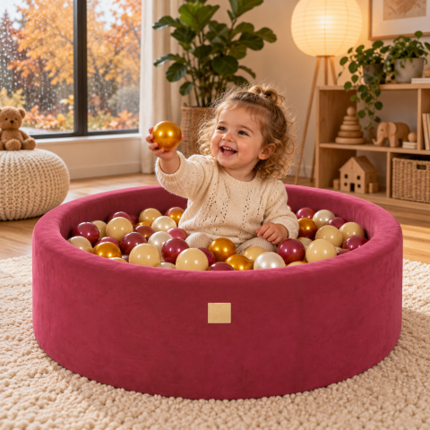 Joaca & Dezvoltare - Piscină cu bile rotundă MeowBaby® Velvet roșu zmeură 90x30 cm, cu 200 bile: auriu/bej/alb perlat/burguni perlat