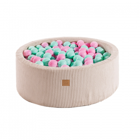 Piscine uscate cu bile colorate - Piscina uscata cu 200 de bile 7cm (Mint/Roz deschis) MeowBaby® Aesthetic, 90x30 cm, Premium Velur reiat / corduroy Ecru
