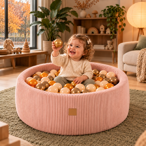 Piscine uscate cu bile colorate - Piscina uscata cu 200 de bile 7cm MeowBaby® Aesthetic, 90x30 cm, Premium Velur reiat / corduroy Roz