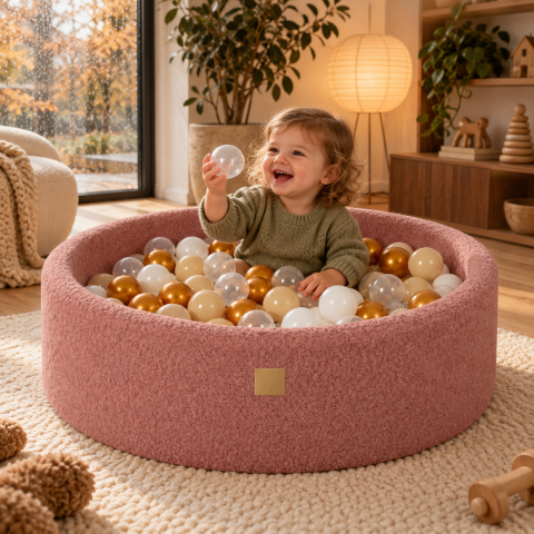 Piscine uscate cu bile colorate - Piscina uscata cu 250 de bile 7cm (Auriu, Bej, Alb, Transparent) MeowBaby®, tesatura bucle, 90x30 cm, Teddy Roz