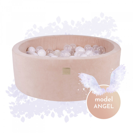 Piscine uscate cu bile colorate - Piscina uscata cu 250 de bile (Alb, Transparent, Alb perlat) MeowBaby®, Angel, 90x30 cm, Catifea Ecru