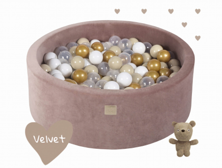 Piscine uscate cu bile colorate - Piscina uscata cu 250 de bile (Auriu, Alb, Transparent, Bej ) MeowBaby®, Teddy Bear, 90x30 cm, Catifea Bej