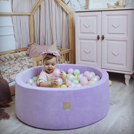 Piscina uscata cu 250 de bile (Pastel Roz si Galben, verde deschis, alb perlat) MeowBaby®, Hocus Crocus, 90x30 cm, Catifea Lila [3]