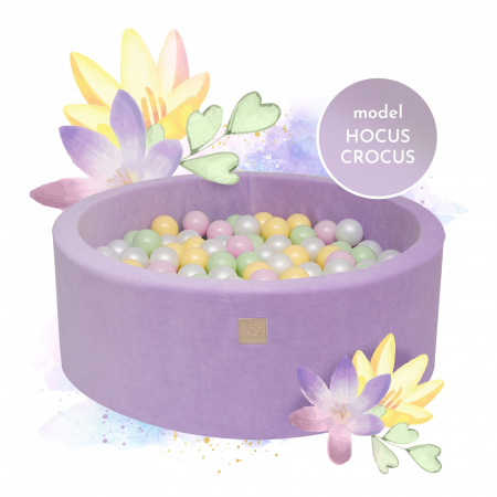 Piscine uscate cu bile colorate - Piscina uscata cu 250 de bile (Pastel Roz si Galben, verde deschis, alb perlat) MeowBaby®, Hocus Crocus, 90x30 cm, Catifea Lila