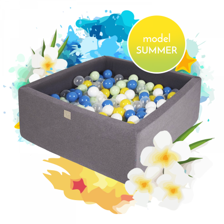 Piscine uscate cu bile colorate - Piscina uscata cu 500 de bile (transparent, verde deschis, blue, galben, alb) MeowBaby®, Summer, 90x90x40 cm, Gri inchis