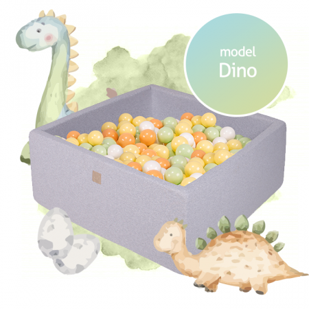 Piscine uscate cu bile colorate - Piscina uscata cu 300 de bile (alb, portocaliu, verde deschis si galben pastel) MeowBaby®, Dino, 90x90x40 cm, Gri