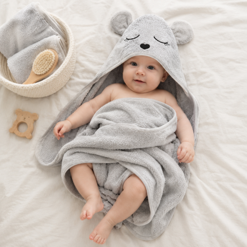 Prosop de baie - Prosop bebeluși din bambus cu glugă BabySteps, gri Teddy, ultra absorbant, delicat pentru pielea sensibilă