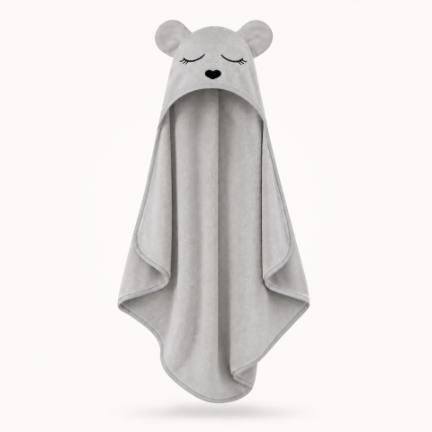 Articole de plaja, piscina - Prosop bebeluși din bambus cu glugă BabySteps, gri Teddy, ultra absorbant, delicat pentru pielea sensibilă
