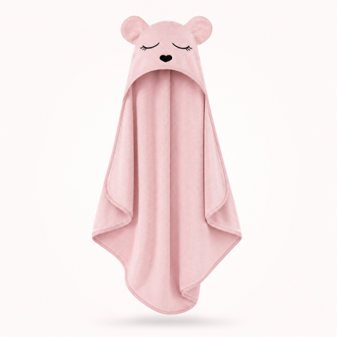 Articole de plaja, piscina - Prosop bebeluși din bambus cu glugă BabySteps, roz Teddy, ultra absorbant, delicat pentru pielea sensibilă