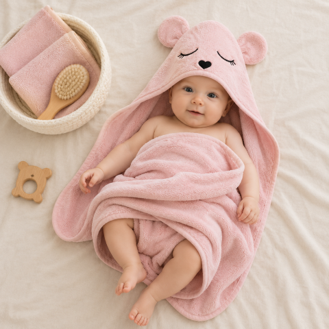 Prosop de baie - Prosop bebeluși din bambus cu glugă BabySteps, roz Teddy, ultra absorbant, delicat pentru pielea sensibilă