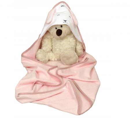 Ingrijire si igiena - Prosop de baie pentru bebelusi din bumbac Frotte, cu gluga, Fluffy Roz, 75 x 75 cm