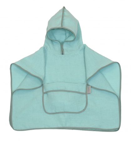 Ingrijire si igiena - Prosop din bumbac muselina cu gluga si buzunar pentru bebelusi si copii, Poncho, Mint, 60x65 cm