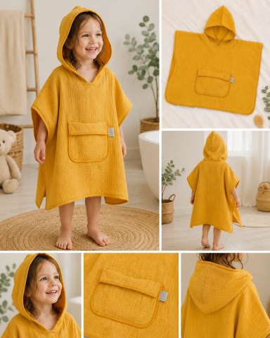 Prosoape plajă copii - Prosop Poncho pentru bebeluși și copii, din bumbac muselină cu glugă și buzunar, Galben, 60x65 cm – Amy