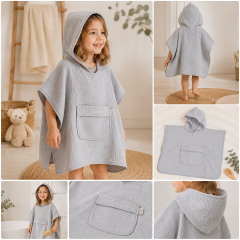 Prosoape plajă copii - Prosop Poncho pentru bebeluși și copii, din bumbac muselină cu glugă și buzunar, Gri, 60x65 cm – Amy
