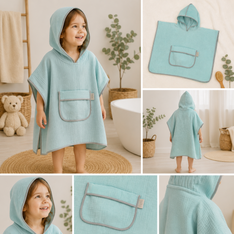Prosoape plajă copii - Prosop Poncho pentru bebeluși și copii, din bumbac muselină cu glugă și buzunar, Mint, 60x65 cm – Amy