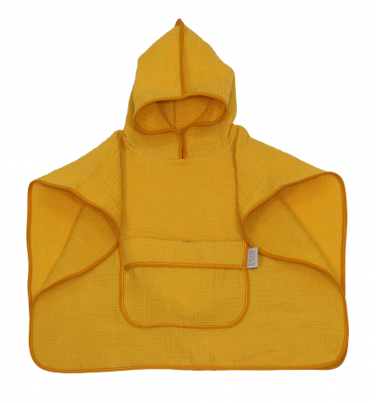 Ingrijire si igiena - Prosop din bumbac muselina cu gluga si buzunar pentru bebelusi si copii, Poncho, Galben, 60x65 cm