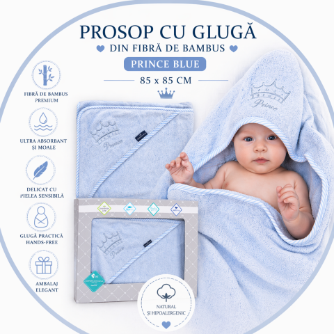 Articole de plaja, piscina - Prosop din fibra de bambus cu gluga pentru bebelusi si copii, Hands-free, Prince Blue, 85x85cm