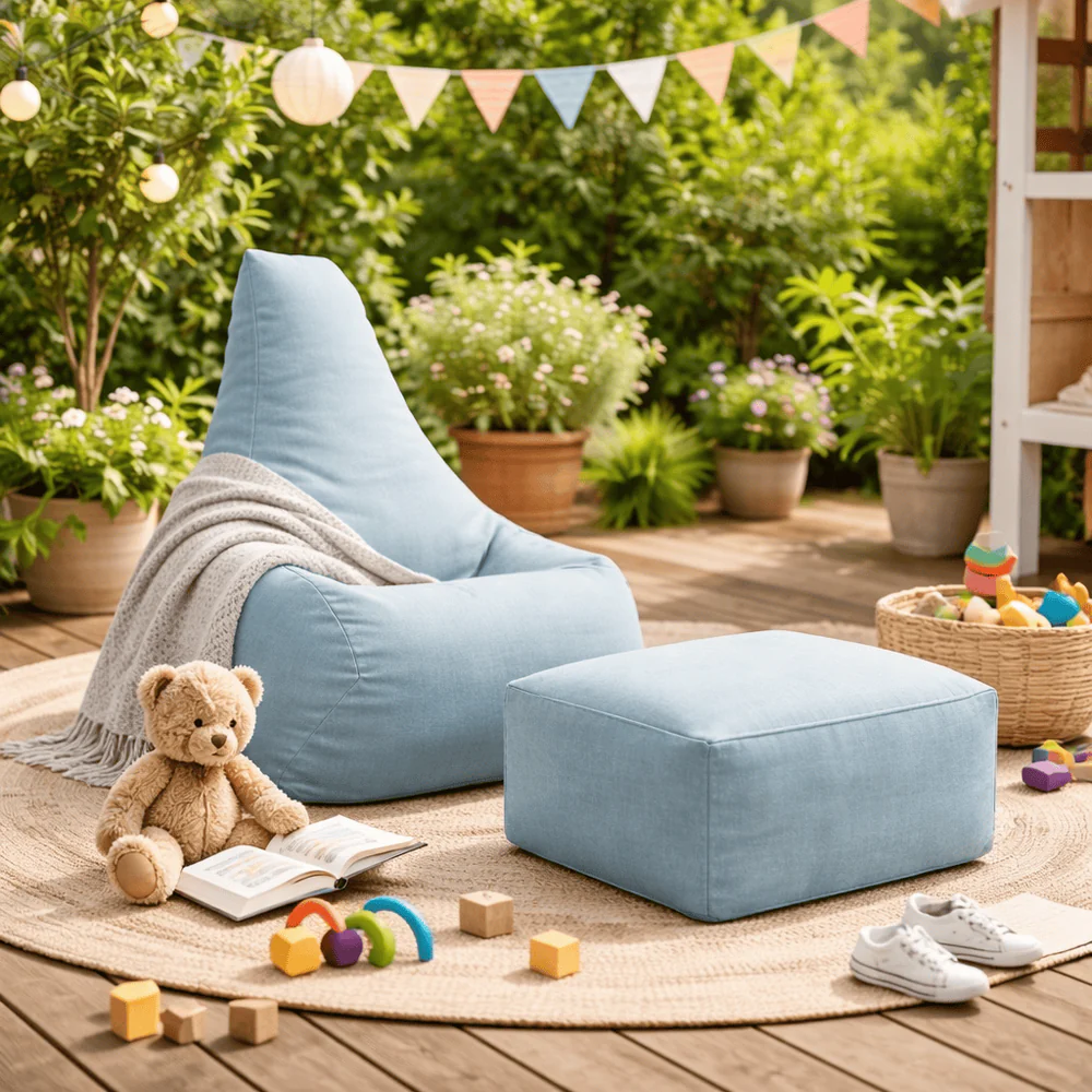 Fotolii - Puf Premium Copii cu Suport Picioare MeowBaby® Tearo Outzy Cloudberry Sky Blue – Sako Bag Outdoor & Indoor pentru Relaxare și Joacă